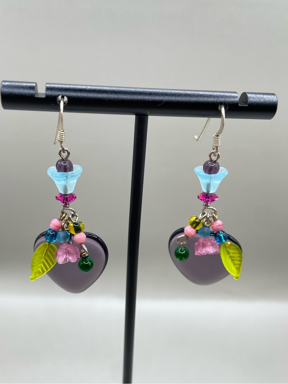 Handmade Czech Glass Heart Leaf Floral Drop Earrings